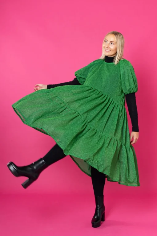Lush Dress Puhvihihoilla - Glitter Vihreä M/L